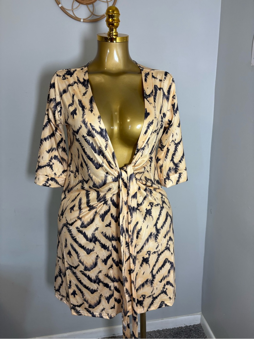 Cream Tie-Front Wrap Dress with Black Brushstroke Print